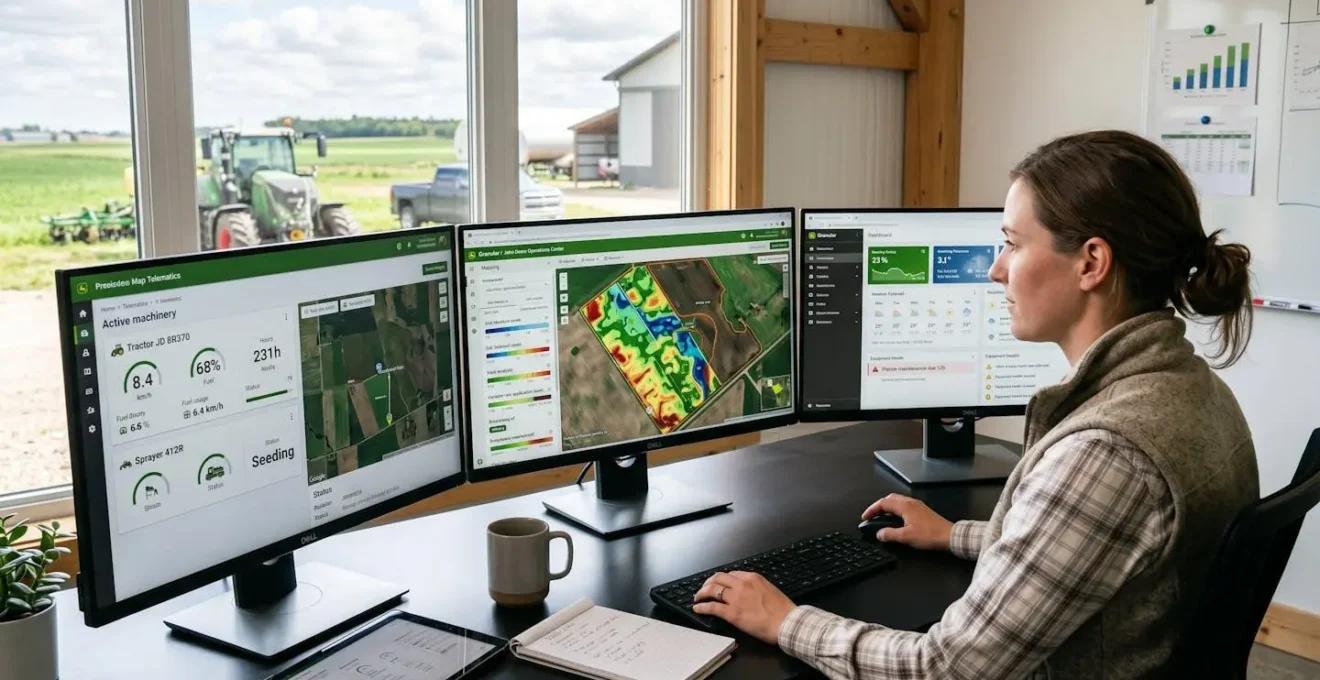 Bureau d'exploitation agricole moderne équipé d'écrans multiples affichant données de cartographie parcellaire et informations télématiques