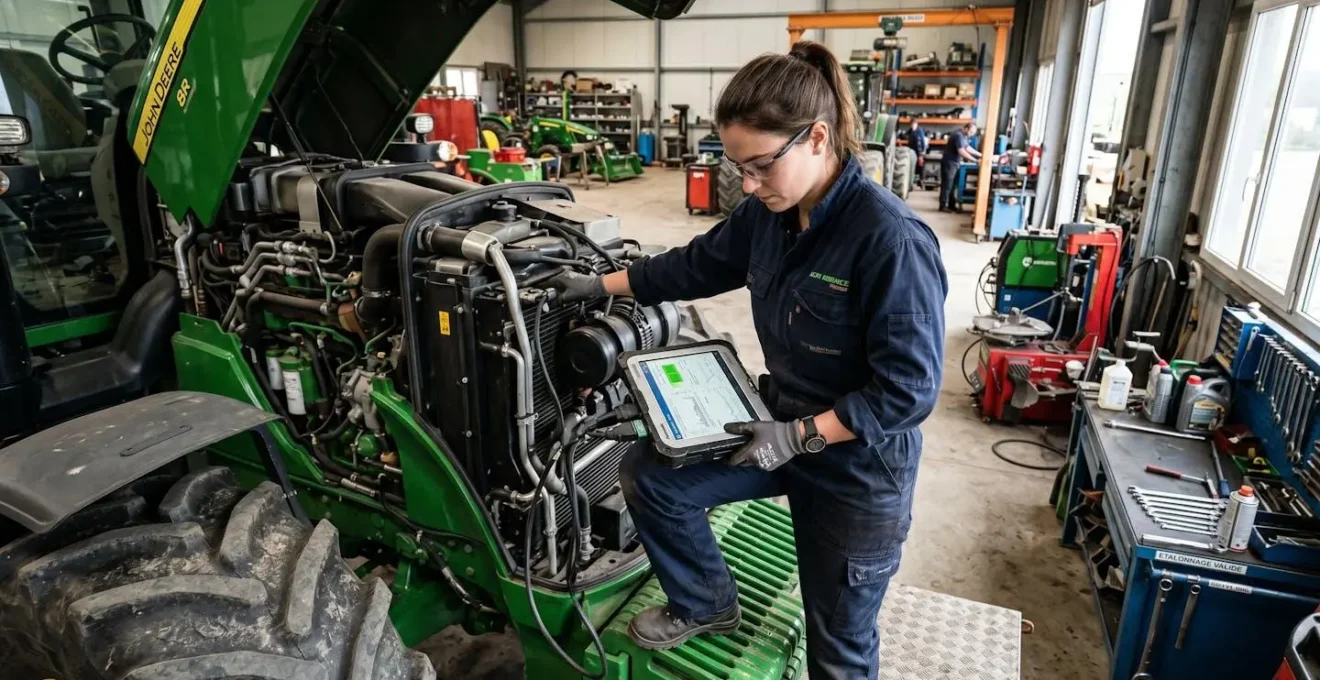 Technicien utilisant une tablette connectée pour effectuer un diagnostic de maintenance prédictive sur un tracteur moderne en atelier